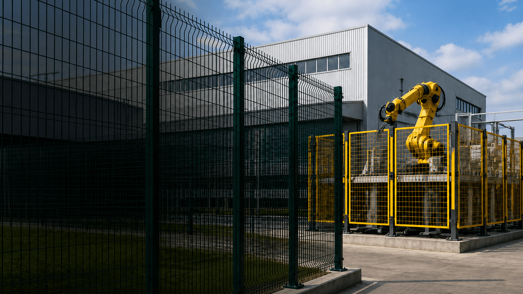 Green V-bend welded mesh fencing and yellow robot safety guarding outside an industrial facility