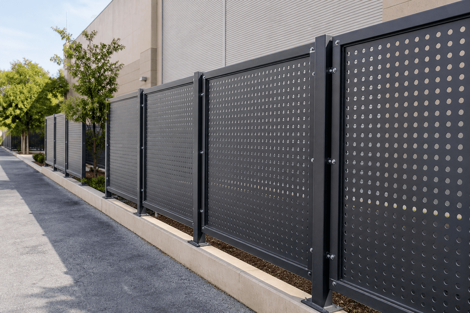 Perforated Metal Panel Fence in a realistic industrial setting