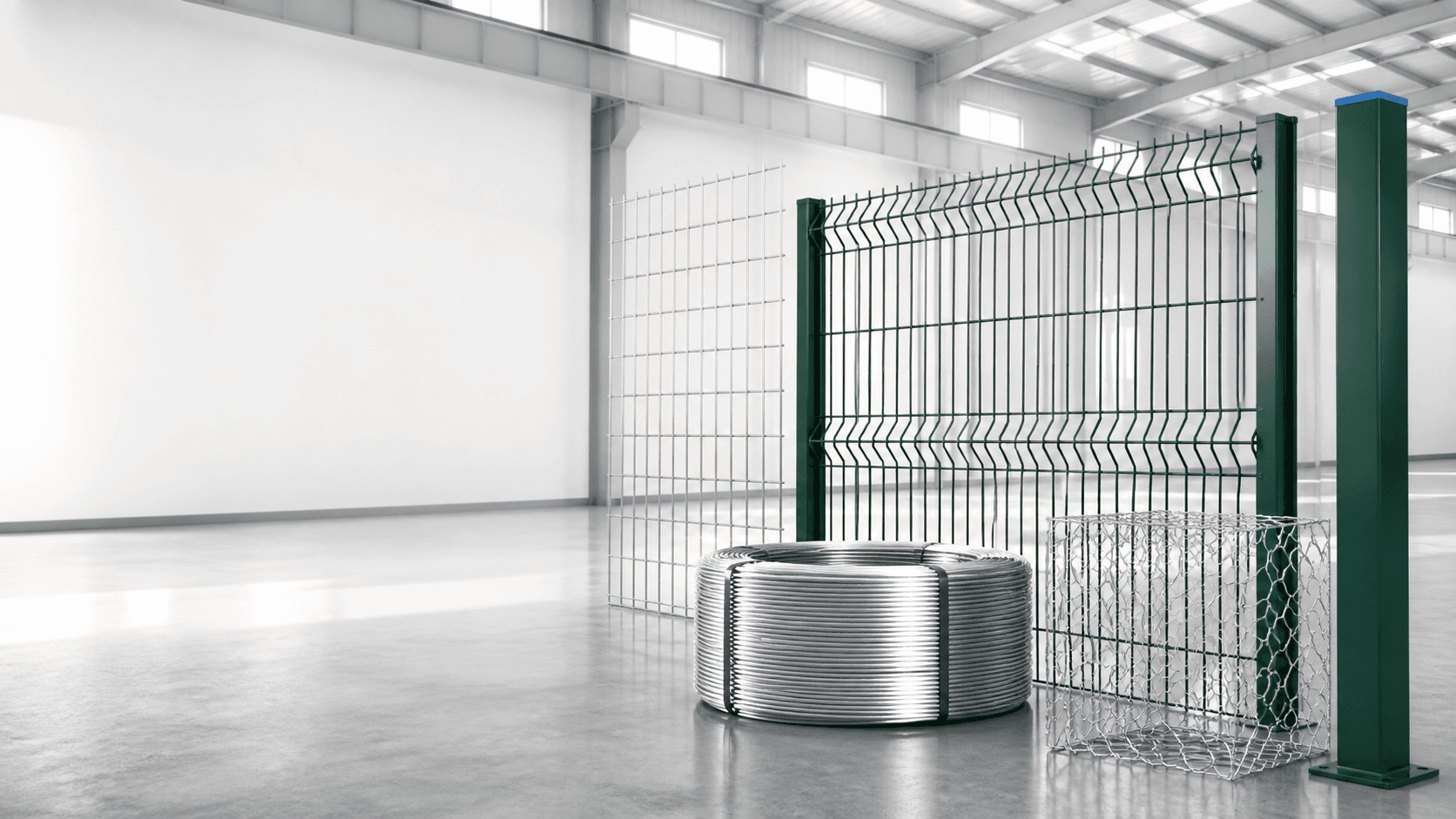 Wire mesh panels, galvanized coil and fencing components in a production setting