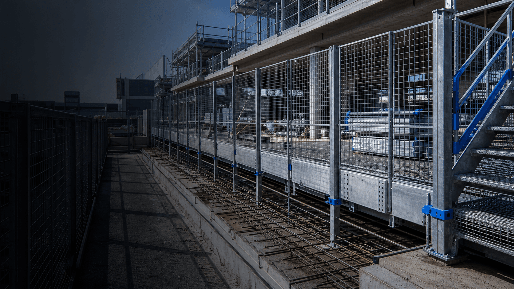 Reference construction site protected with modular wire mesh barriers
