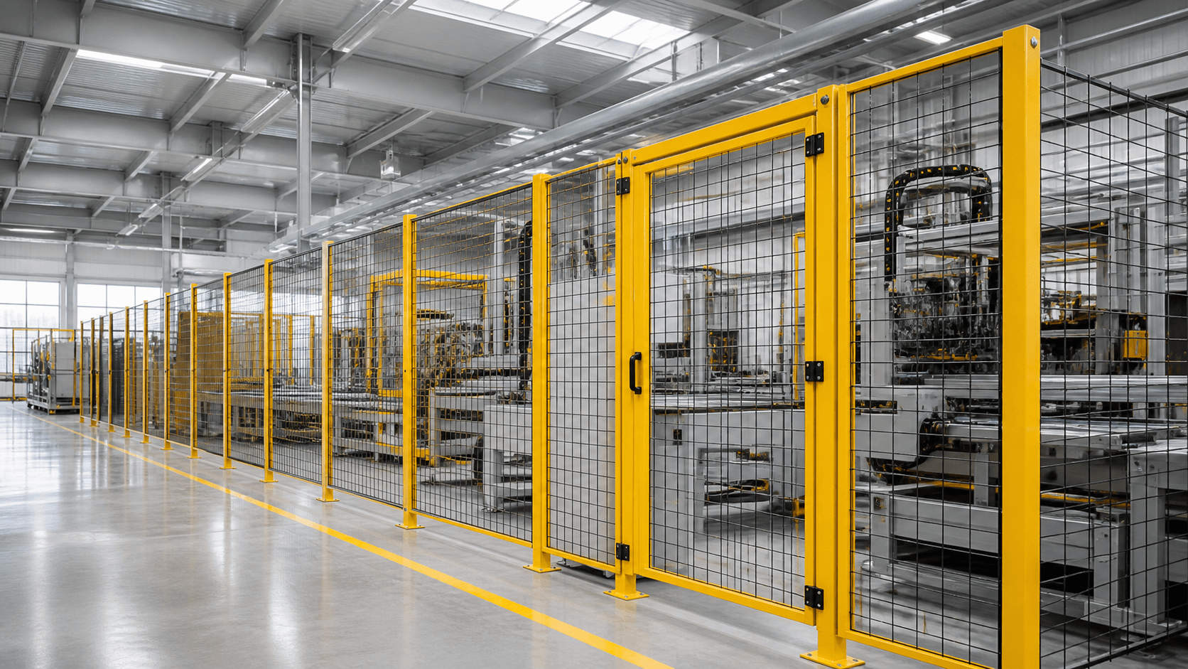 Reference automated factory enclosed by yellow machine guarding