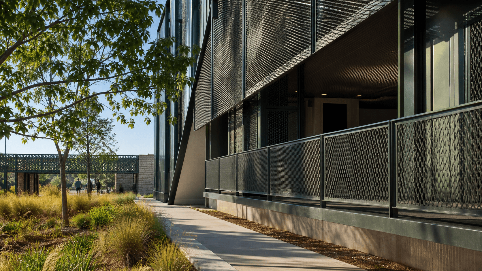 Reference architecture using expanded metal screens and mesh railings