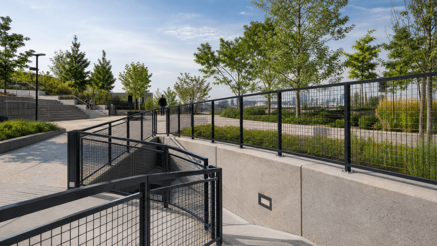 Reference public park with wire mesh railings and boundary panels