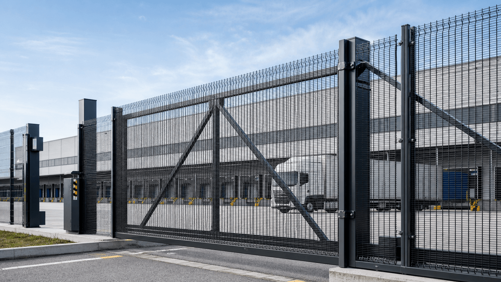 Reference high-security logistics perimeter with dense wire mesh gate