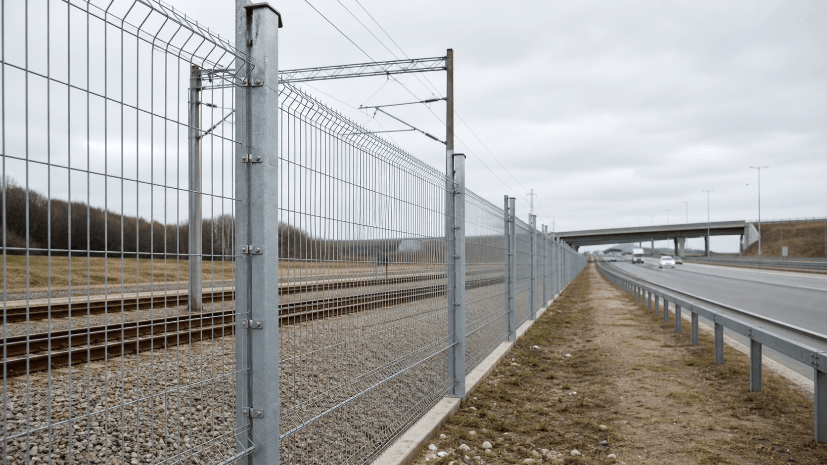 Reference rail and highway corridor with welded mesh fencing