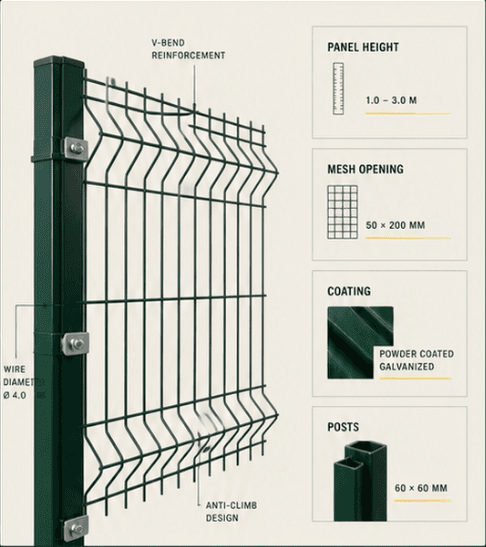 Fence panel diagram showing dimensions, mesh opening, coating and post options