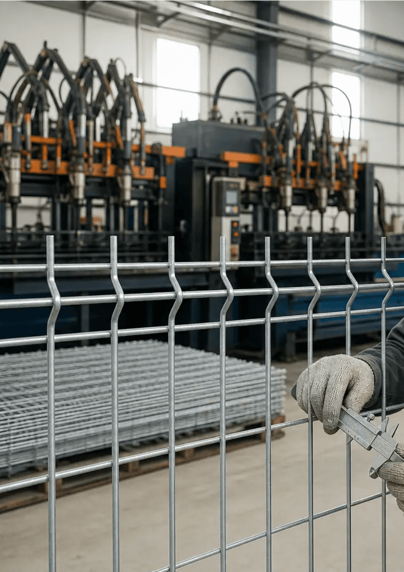 Factory interior with steel coils and wire mesh manufacturing equipment