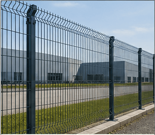 Green 3D welded mesh fence installed at an industrial boundary