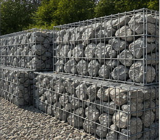 Stone-filled wire gabion wall