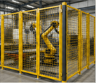 Yellow machine safety guarding around an industrial robot