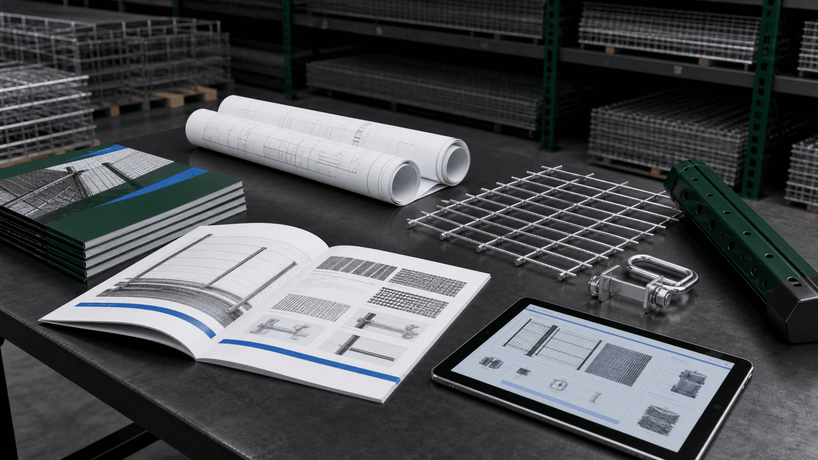 Technical catalogues, wire mesh samples and drawings arranged on an industrial worktable