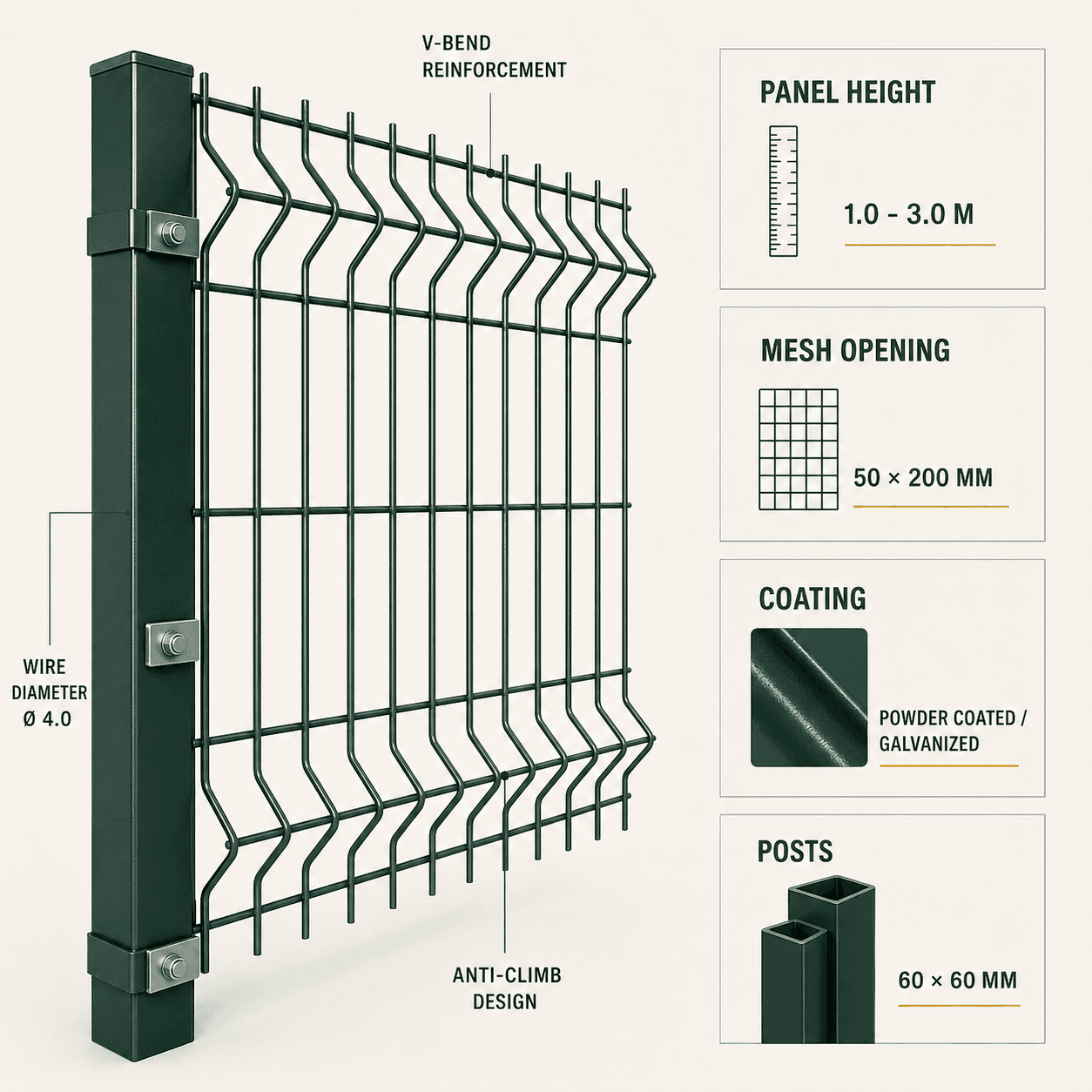 Custom fence specification diagram showing panel height, mesh opening, coating and posts